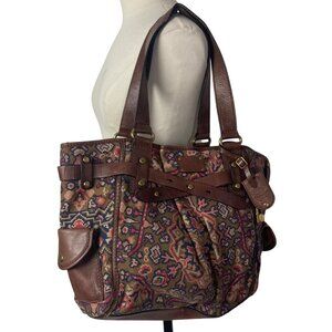 Fossil Adrina Long Live Vintage Tapestry Leather Tote Shoulder Bag Brown Boho